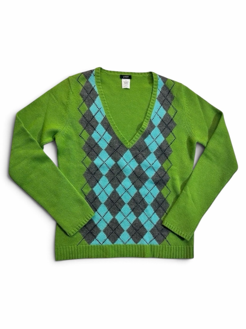 Vintage J.Crew Argyle Sweater V-Neck Angora Wool Cashmere Med Y2K Rory Gilmore